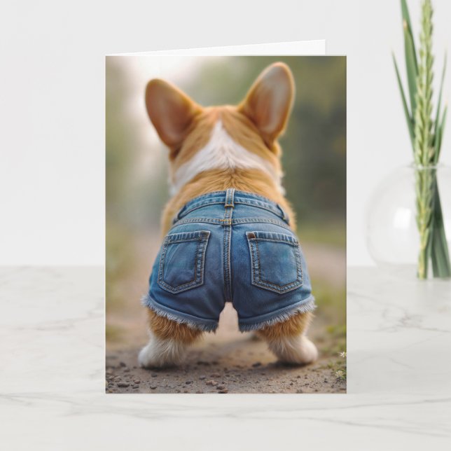 Birthday Corgi Dog Wearing Blue Jean Shorts Card (Front)