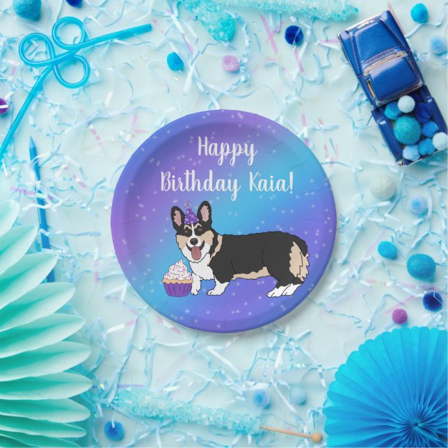 Birthday Corgis Blue And Purple  Paper Plate (Party)