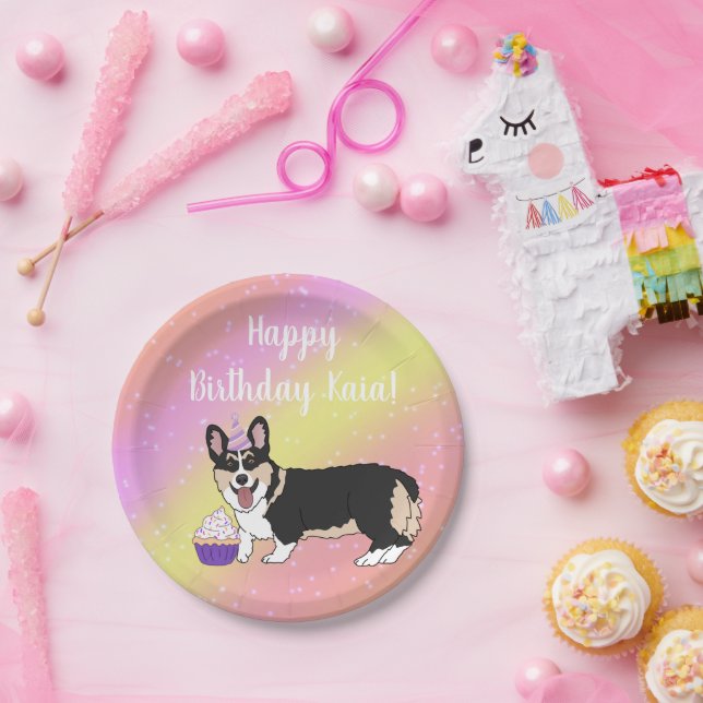 Birthday Corgis pink and orange Paper Plate (Party)