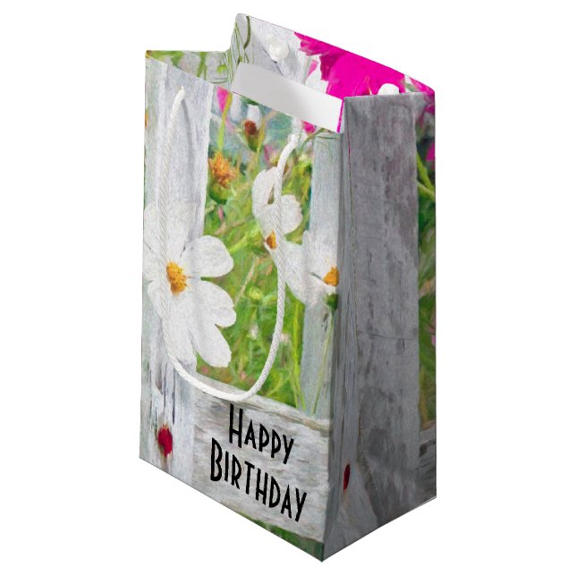 Birthday Cosmos Flowers In Fence  Small Gift Bag (Front Angled)