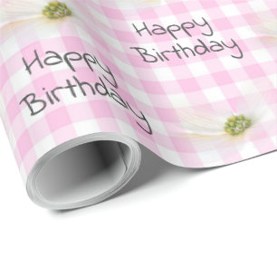 Birthday Cosmos Flowers On Pink Gingham Wrapping Paper