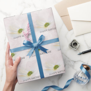 Birthday Cosmos On Blush Pink  Wrapping Paper