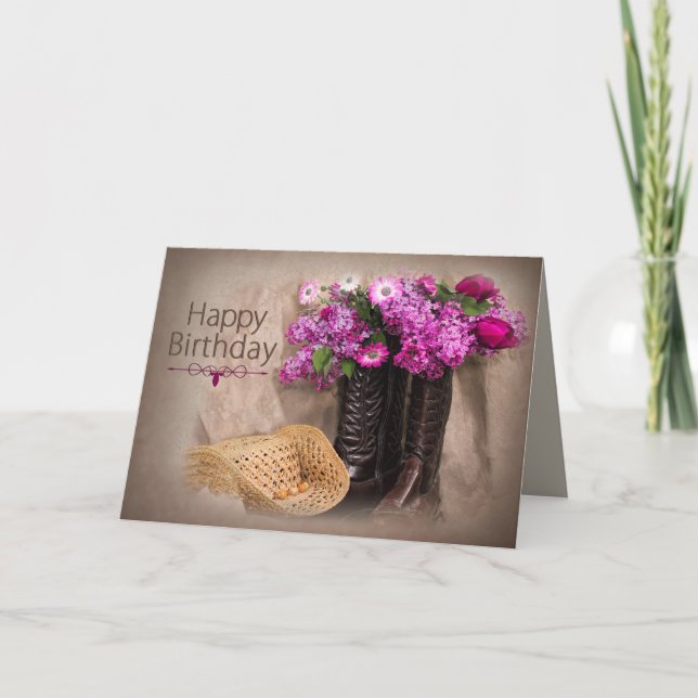 Birthday, Country Boots, Flowers/Lilacs/Tulips Card (Front)
