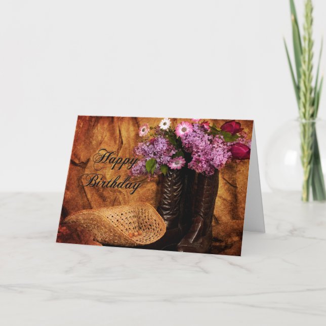 Birthday - Country Western Style, Boots & Flowers Card (Front)