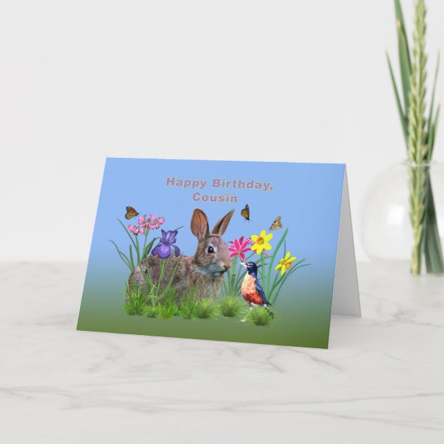 Birthday, Cousin, Bunny, Robin Card (Front)