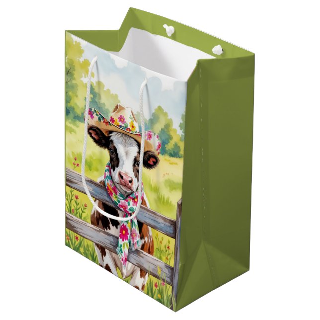 Birthday Cow Wearing a Floral Print Hat Medium Gift Bag (Front Angled)