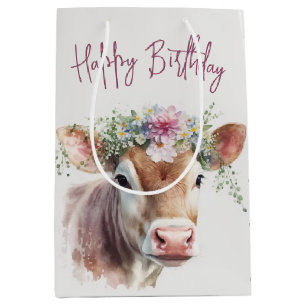 Birthday Cow With Flowers  Medium Gift Bag