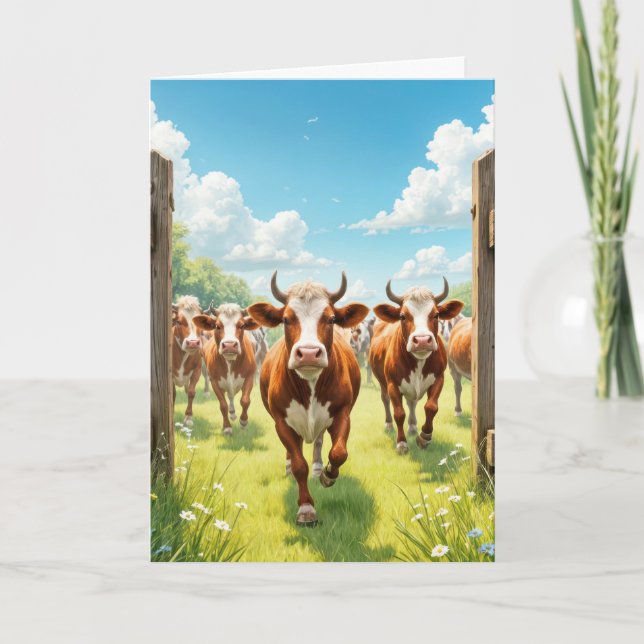 Birthday Cows Escaping Out of a Pasture Card (Front)
