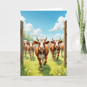 Birthday Cows Escaping Out of a Pasture Card