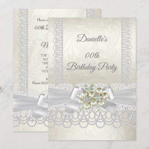 Birthday Cream White Pearl Lace Damask Diamond Invitation