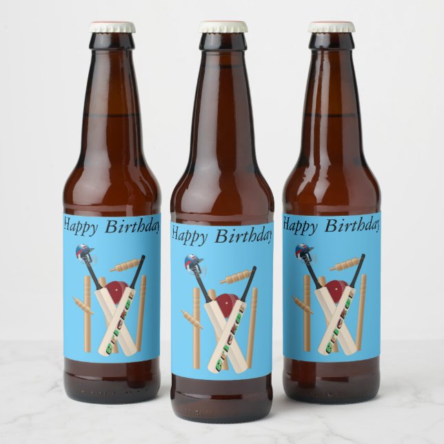 Birthday Cricket Wickets, Helmet, Bats And Ball,   Beer Bottle Label (Bottles)