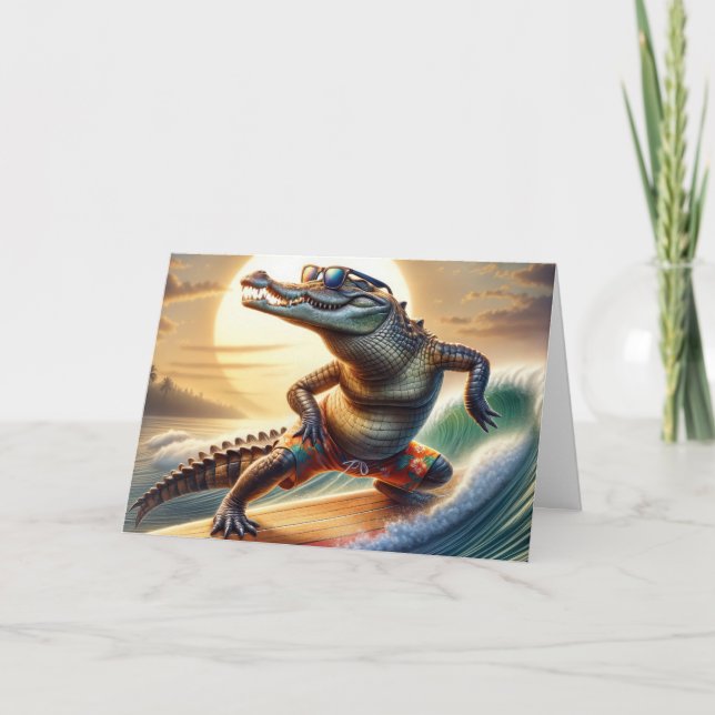 Birthday Crocodile On a Surfboard Card (Front)