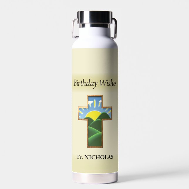 Birthday Cross Priest Personalised Water Bottle (Front)