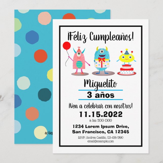 Birthday/Cumpleaños Spanish Colourful Monsters  Invitation (Front/Back)