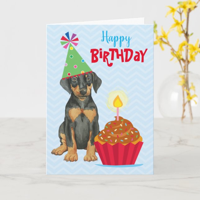 Birthday Cupcake Doberman Card (Yellow Flower)