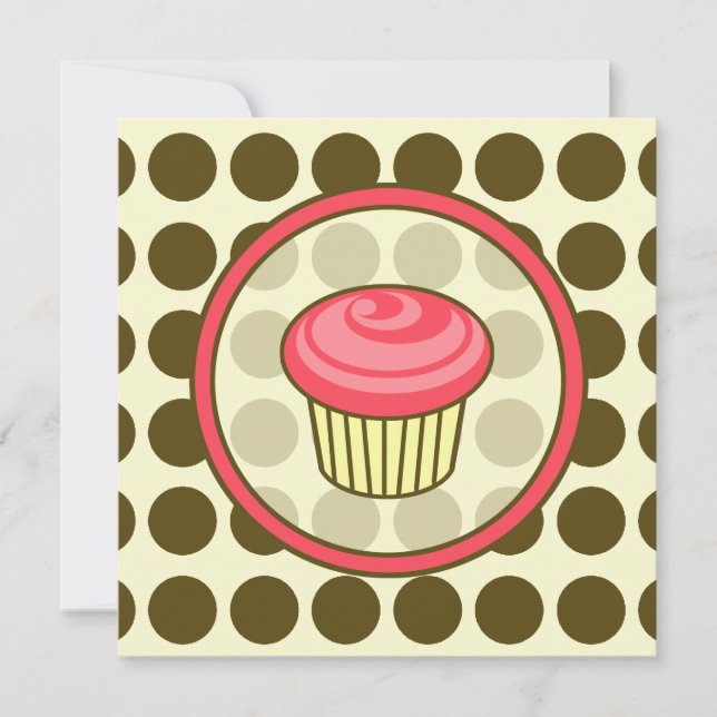 Birthday Cupcake Invitation - Pink with Brown Dots (Front)