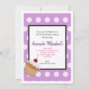 Birthday Cupcake on a Purple Polka Dot Pattern Invitation