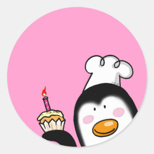 Birthday cupcake penguin chef classic round sticker