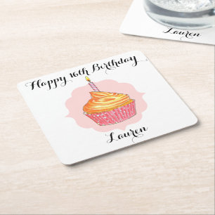 Birthday Cupcake Pink Personalised Square Paper Coaster