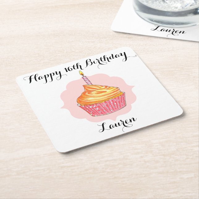 Birthday Cupcake Pink Personalised Square Paper Coaster (Angled)