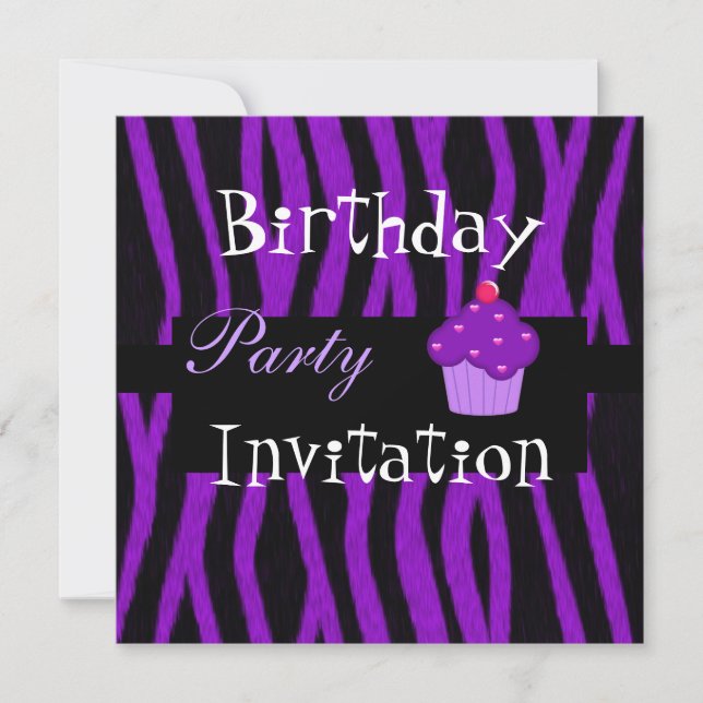 Birthday Cupcake Purple Stripe Invitation (Front)