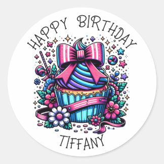 Birthday Cupcake Whimsical Personalised Classic Round Sticker