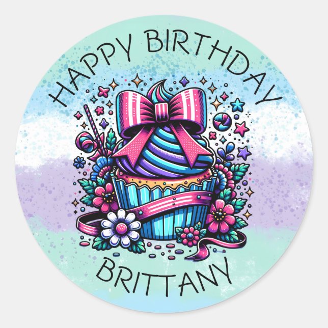 Birthday Cupcake Whimsical Personalised Classic Round Sticker (Front)
