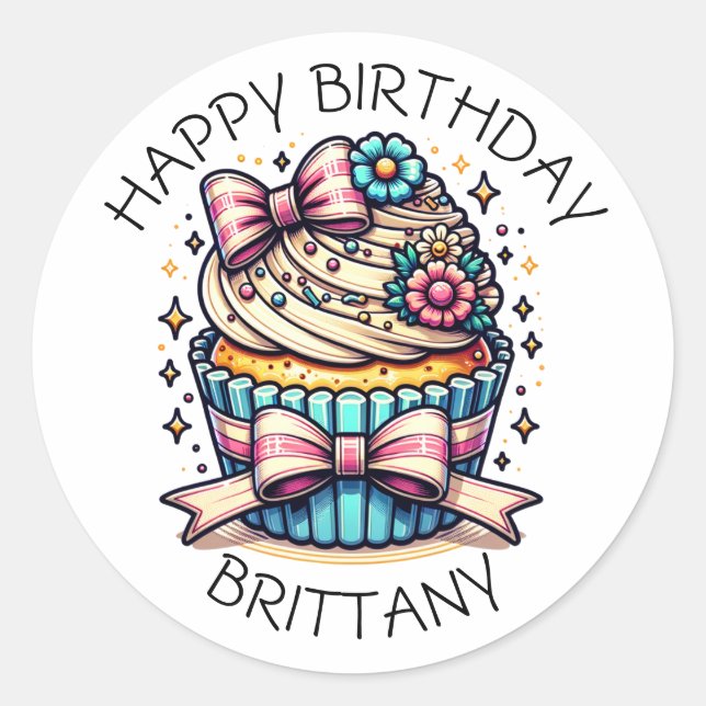 Birthday Cupcake Whimsical Personalised Classic Round Sticker (Front)