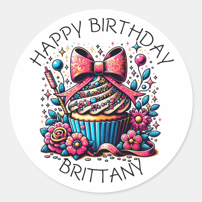 Birthday Cupcake Whimsical Personalised Classic Round Sticker (Front)
