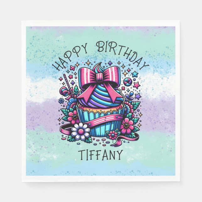 Birthday Cupcake Whimsical Personalised Napkin (Front)