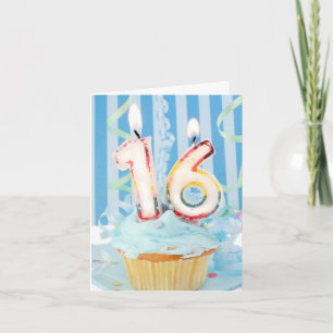 Birthday cupcake with candles in number 16 card
