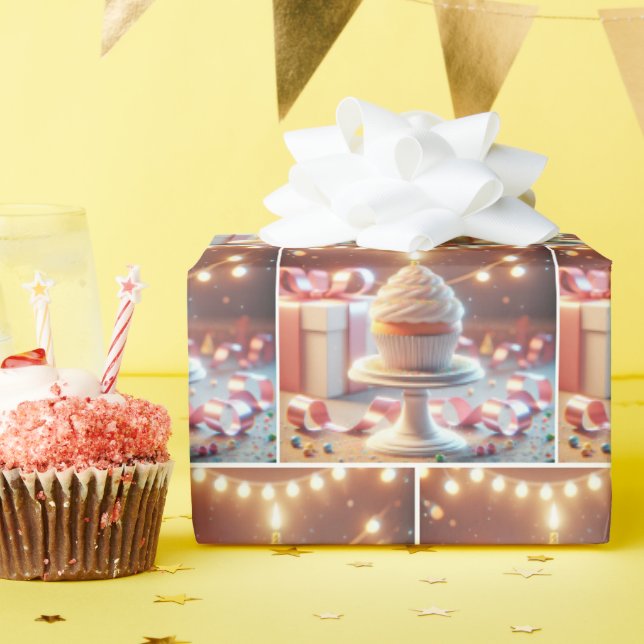 Birthday Cupcake With String Lighting Wrapping Paper (Birthday Party)