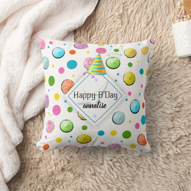 Birthday Cupcakes and Dots Monogram Cushion (Blanket)