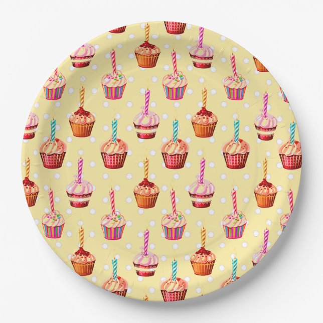 Birthday Cupcakes and Polka Dot Paper Plate (Front)