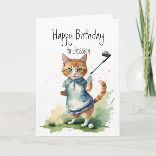 Birthday Custom Name Cat Golfing Card