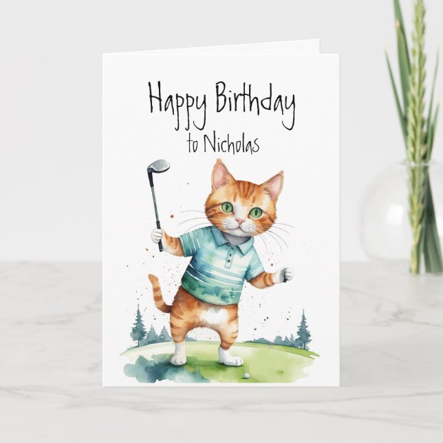 Birthday Custom Name Cat Golfing Card (Front)