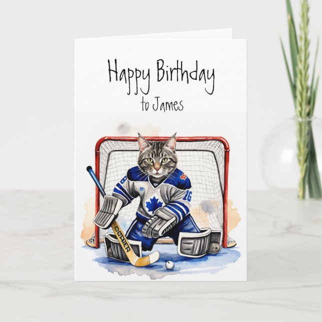 Birthday Custom Name Cat playing Goalie Hockey Card (Front)