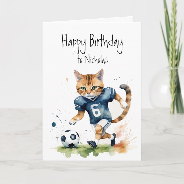 Birthday Custom Name Cat Playing Soccer Card (Front)