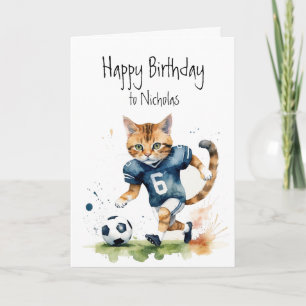 Birthday Custom Name Cat Playing Soccer Card