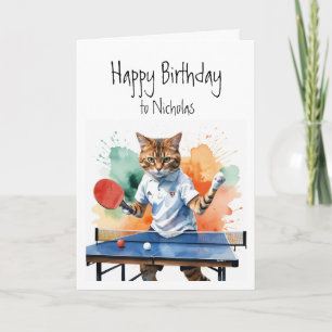Birthday Custom Name Cat Playing Table Tennis Card