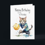 Birthday Custom Name Cat Playing Volleyball Card<br><div class="desc">Birthday Custom Name Fun Cute Cat Playing Volleyball</div>