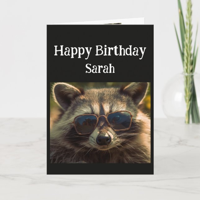 Birthday Custom Name Cool Friend Racoon Card (Front)