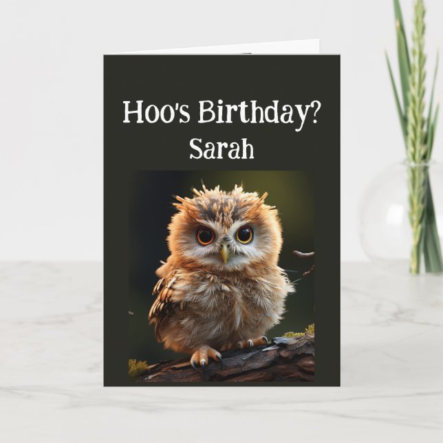 Birthday Custom Name Cute Little Owl Bird Fun Card (Front)