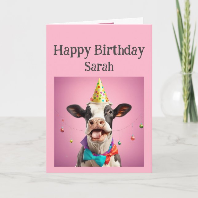 Birthday Custom Name Fun Cow Animal Card (Front)