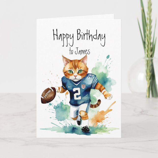 Birthday Custom Name Fun Cute Cat playing Football Card (Front)