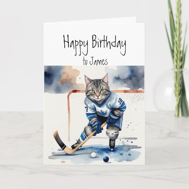 Birthday Custom Name Fun Cute Cat playing Hockey Card (Front)
