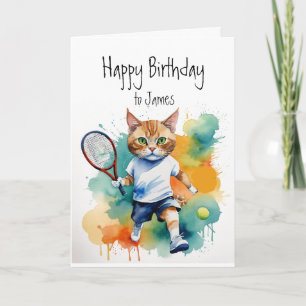 Birthday Custom Name Fun Cute Cat playing  tennis Card