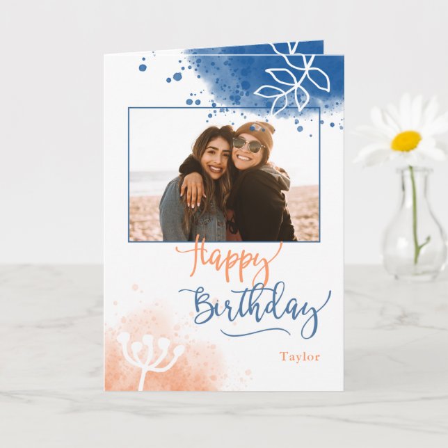 Birthday Custom Photo and Name Watercolor Card (Small Plant)