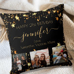 Birthday custom photo best friend black gold stars cushion<br><div class="desc">A gift from friends for a woman's 21st birthday, celebrating her life with 3 of your photos of her, her friends, family, interest or pets. Personalise and add her name, age 21 and your names. Golden coloured letters. A chic classic black background colour. Her name is written with a modern...</div>