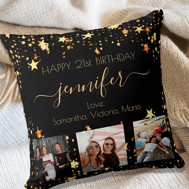 Birthday custom photo best friend black gold stars cushion (Creator Uploaded)